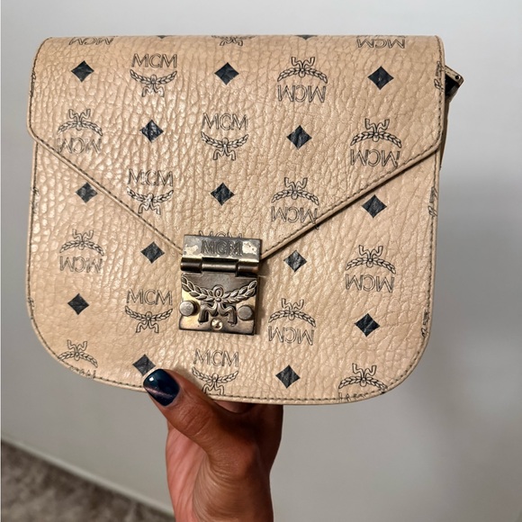 MCM Handbags - MCM Beige Visetos Patterned Leather Crossbody Bag